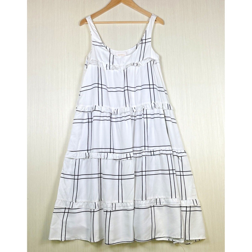 Sancia Women Dress Sz XS White Black Plaid Tieared Midi Ruffle New Anthropologie
